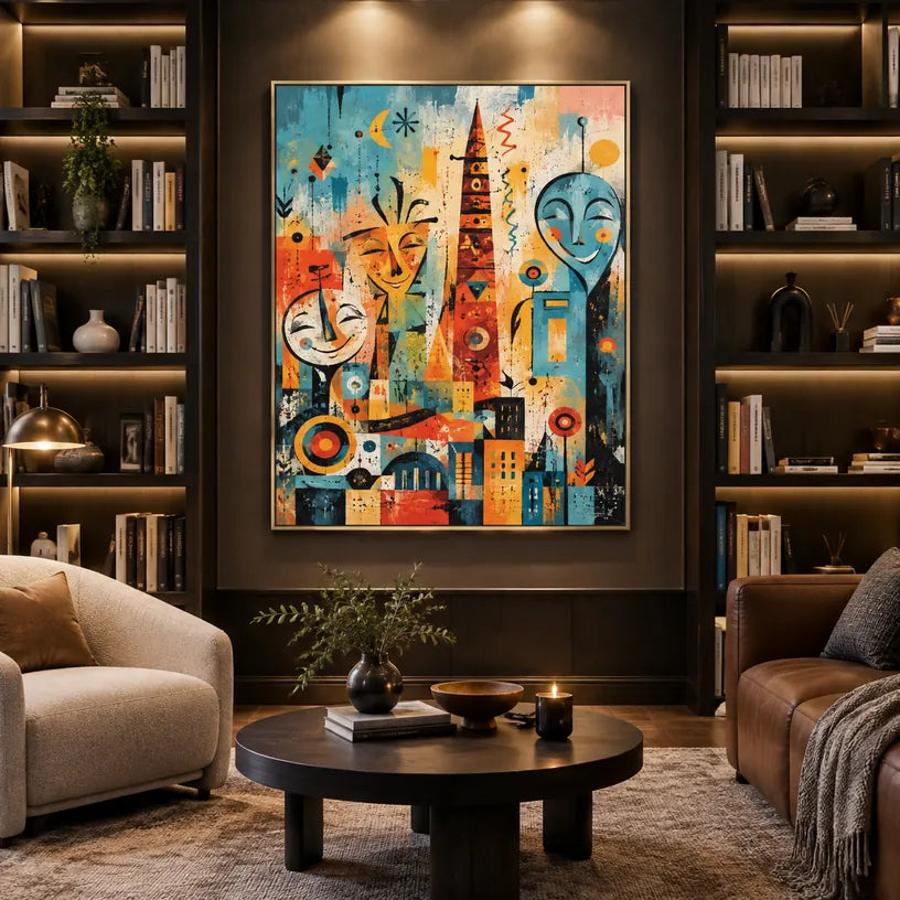 Pop-Cartoon-Ölgemälde mit einem verspielten grafischen Motiv mit lebhaften malerischen Details in einer blauen Farbpalette.