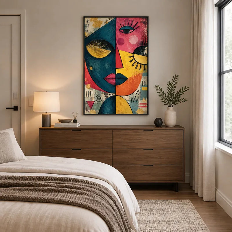 Retrato pop y pintura al óleo de figuras que presentan una figura o un retrato expresivo representado con detalles pictóricos en una paleta azul.