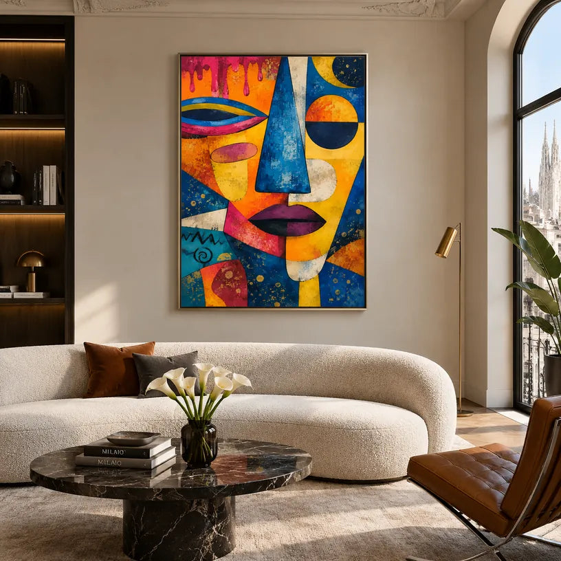 Ritrattistica pop e pittura a olio con figure espressive o ritratti resi con dettagli pittorici in una tavolozza blu.