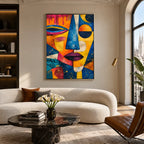 Ritrattistica pop e pittura a olio con figure espressive o ritratti resi con dettagli pittorici in una tavolozza blu.