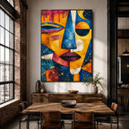 Ritrattistica pop e pittura a olio con figure espressive o ritratti resi con dettagli pittorici in una tavolozza blu.