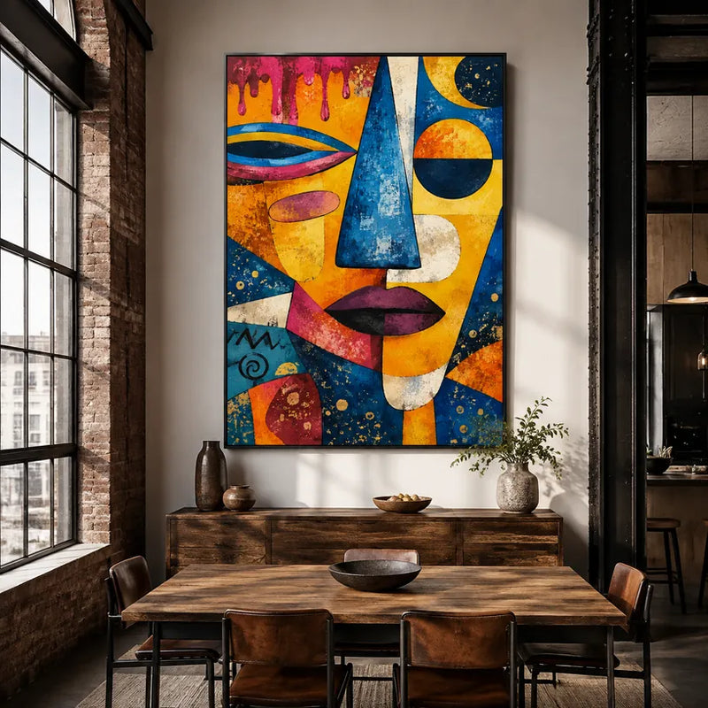 Ritrattistica pop e pittura a olio con figure espressive o ritratti resi con dettagli pittorici in una tavolozza blu.