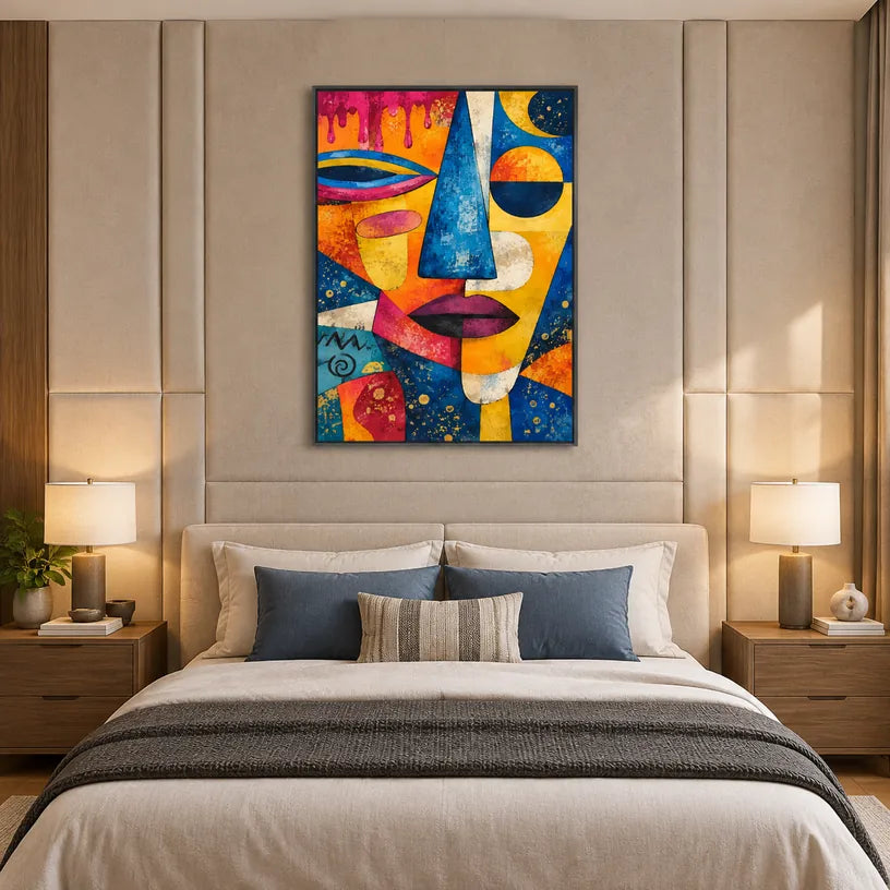 Ritrattistica pop e pittura a olio con figure espressive o ritratti resi con dettagli pittorici in una tavolozza blu.