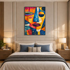 Ritrattistica pop e pittura a olio con figure espressive o ritratti resi con dettagli pittorici in una tavolozza blu.