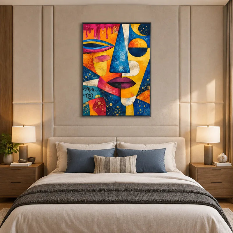 Ritrattistica pop e pittura a olio con figure espressive o ritratti resi con dettagli pittorici in una tavolozza blu.