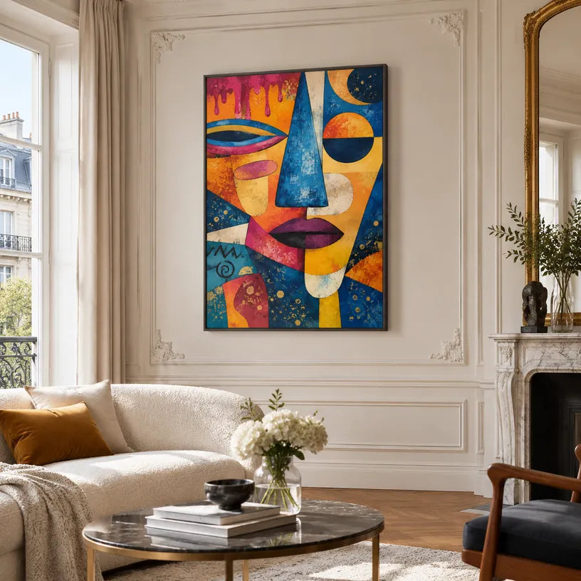 Ritrattistica pop e pittura a olio con figure espressive o ritratti resi con dettagli pittorici in una tavolozza blu.