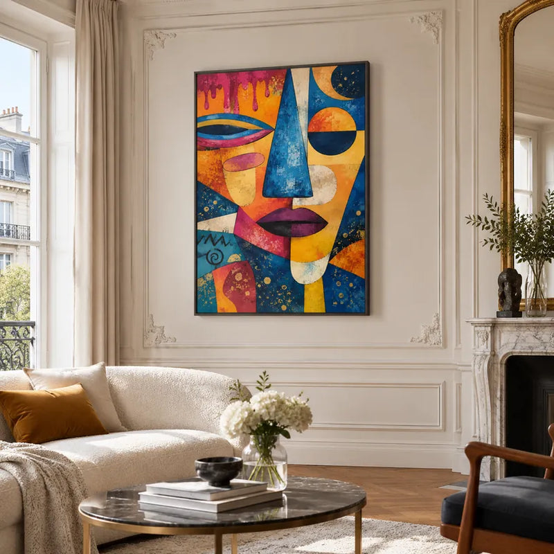 Ritrattistica pop e pittura a olio con figure espressive o ritratti resi con dettagli pittorici in una tavolozza blu.