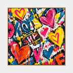 Peinture à l'huile Pop Love représentant un sujet romantique exprimé à travers la forme et la couleur picturales.