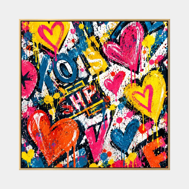 Peinture à l'huile Pop Love représentant un sujet romantique exprimé à travers la forme et la couleur picturales.