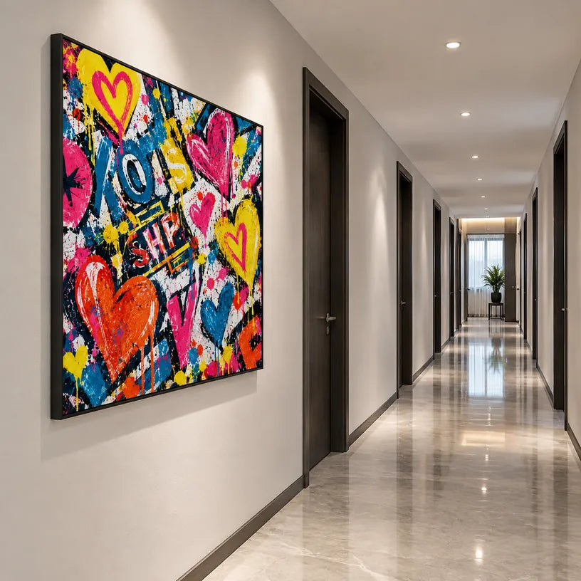Peinture à l'huile Pop Love représentant un sujet romantique exprimé à travers la forme et la couleur picturales.