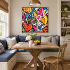Peinture à l'huile Pop Love représentant un sujet romantique exprimé à travers la forme et la couleur picturales.