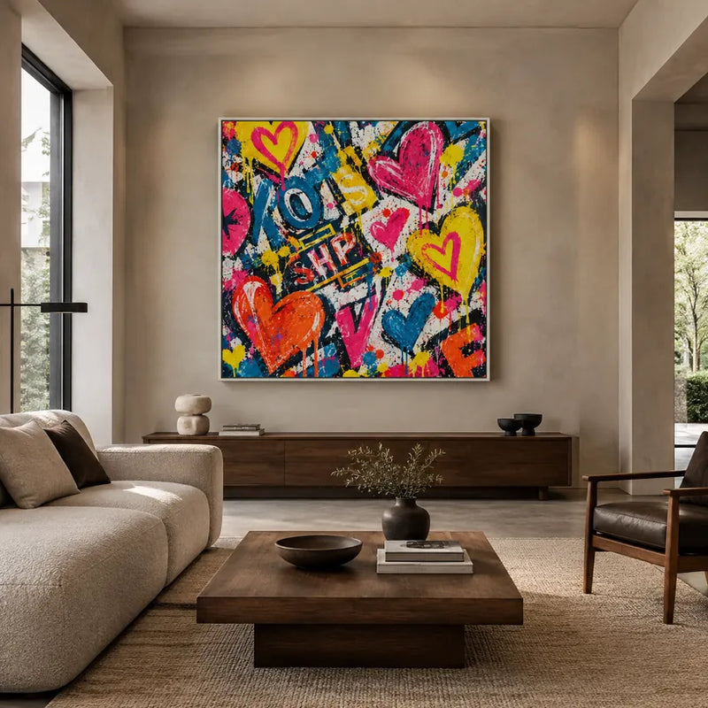 Peinture à l'huile Pop Love représentant un sujet romantique exprimé à travers la forme et la couleur picturales.