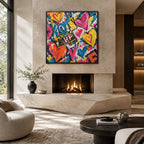 Peinture à l'huile Pop Love représentant un sujet romantique exprimé à travers la forme et la couleur picturales.