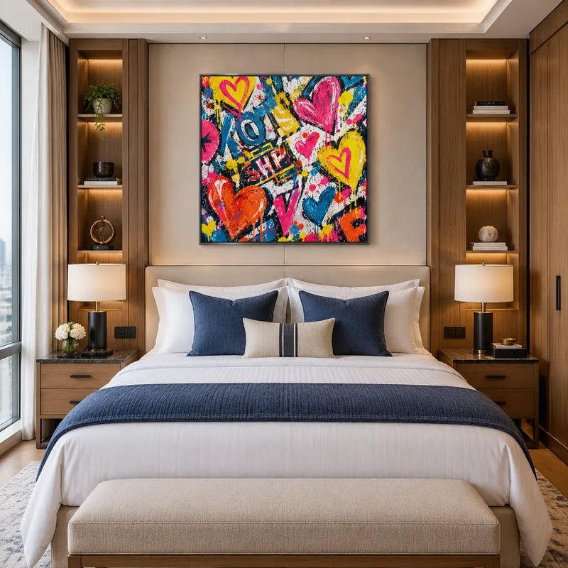 Peinture à l'huile Pop Love représentant un sujet romantique exprimé à travers la forme et la couleur picturales.