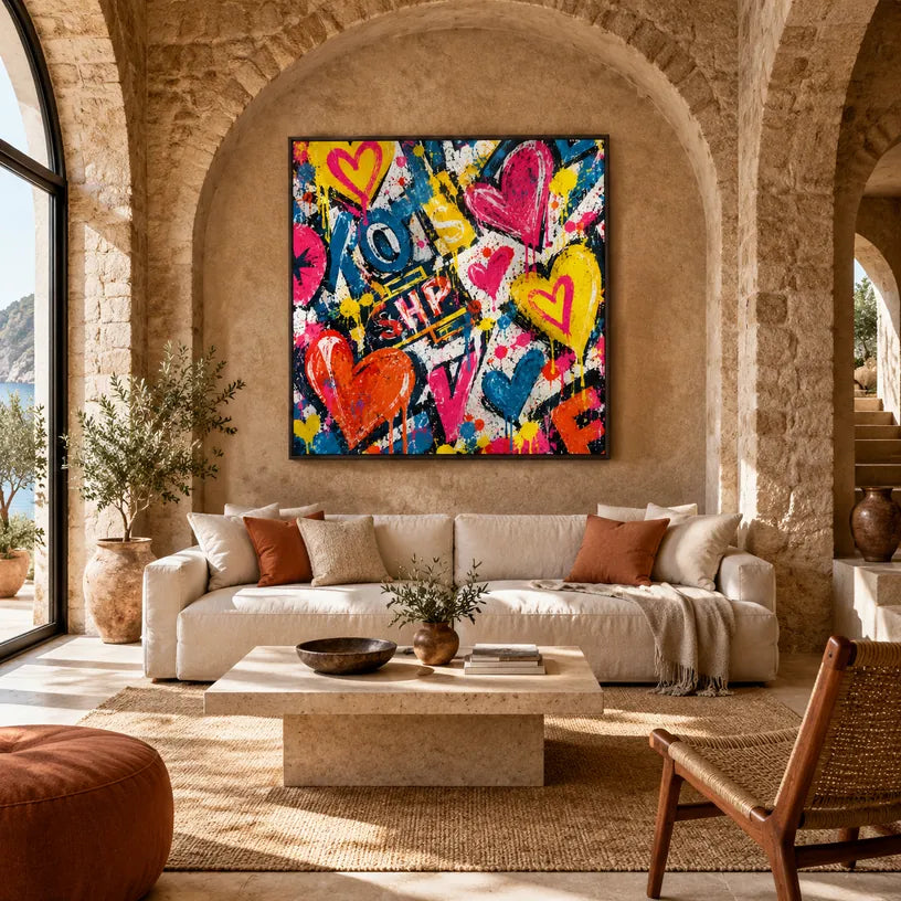 Peinture à l'huile Pop Love représentant un sujet romantique exprimé à travers la forme et la couleur picturales.