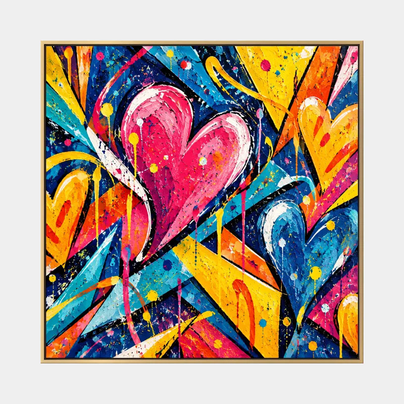 Peinture à l'huile Pop Love représentant un sujet romantique exprimé à travers la forme et la couleur picturales.