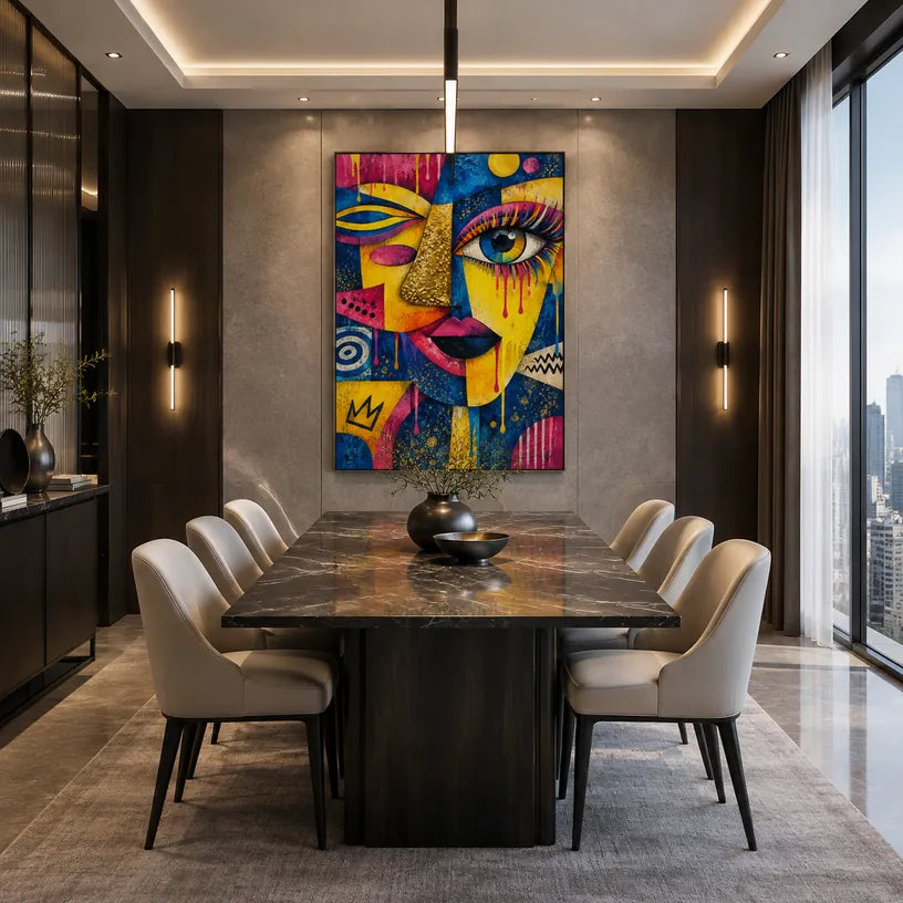 Ritrattistica pop e pittura a olio con figure espressive o ritratti resi con dettagli pittorici in una tavolozza blu.