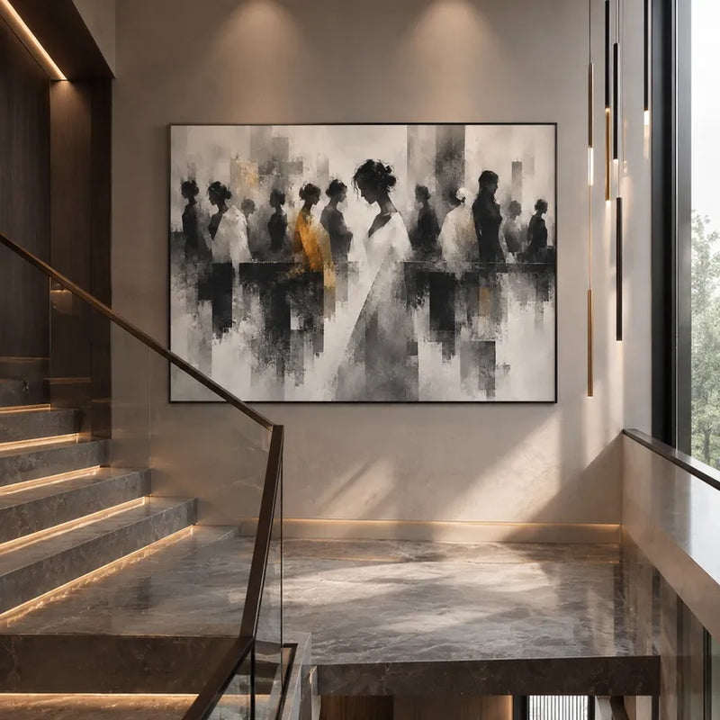 Ritrattistica pop e pittura a olio con figure espressive o ritratti resi con dettagli pittorici in una tavolozza di grigi.