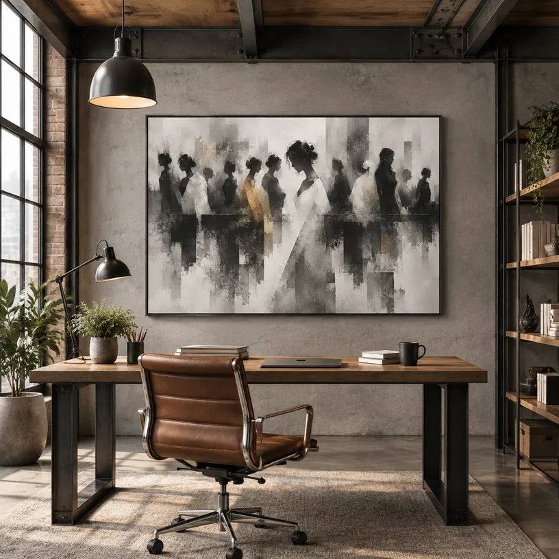 Ritrattistica pop e pittura a olio con figure espressive o ritratti resi con dettagli pittorici in una tavolozza di grigi.
