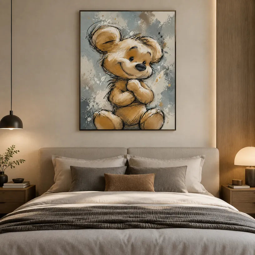 Dipinto a olio a forma di cartone animato pop caratterizzato da un soggetto grafico giocoso con vivaci dettagli pittorici in una tavolozza marrone.