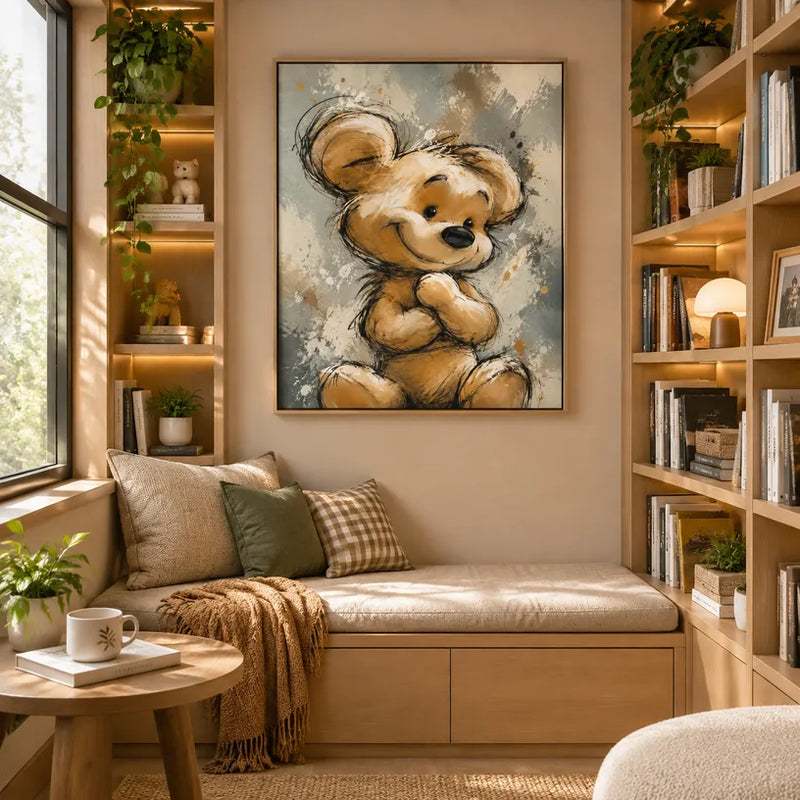 Peinture à l'huile de dessin animé pop présentant un sujet graphique ludique avec des détails picturaux vivants dans une palette marron.