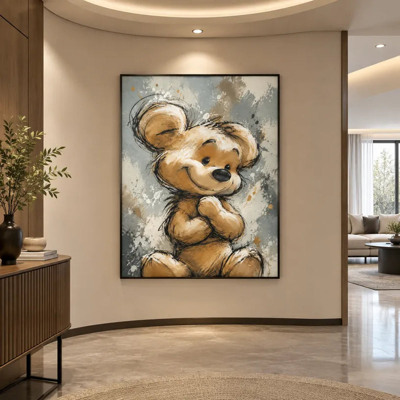 Peinture à l'huile de dessin animé pop présentant un sujet graphique ludique avec des détails picturaux vivants dans une palette marron.
