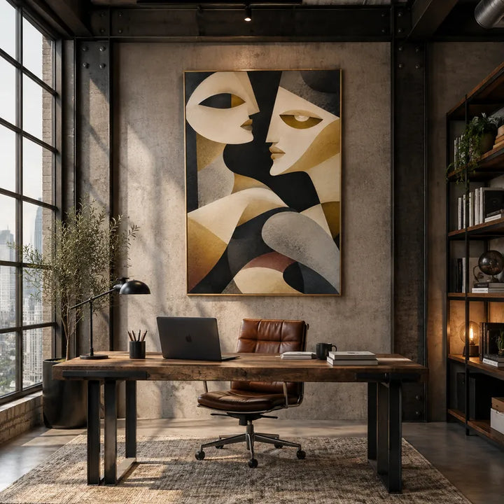 Ritrattistica pop e pittura a olio con figure espressive o ritratti resi con dettagli pittorici in una tavolozza beige.