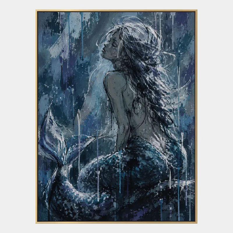 Peinture à l'huile de portraits et de figures pop représentant une figure ou un portrait expressif rendu avec des détails picturaux dans une palette bleue.