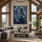 Peinture à l'huile de portraits et de figures pop représentant une figure ou un portrait expressif rendu avec des détails picturaux dans une palette bleue.