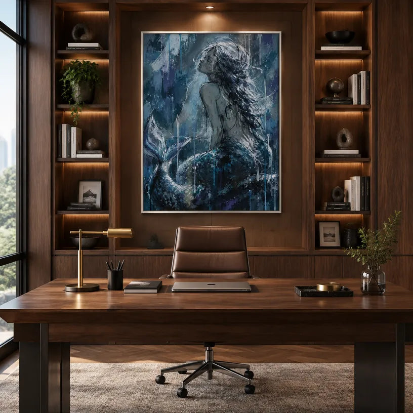 Peinture à l'huile de portraits et de figures pop représentant une figure ou un portrait expressif rendu avec des détails picturaux dans une palette bleue.