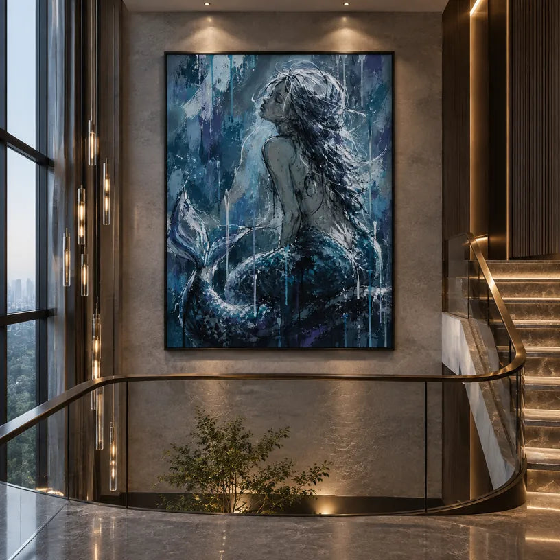 Peinture à l'huile de portraits et de figures pop représentant une figure ou un portrait expressif rendu avec des détails picturaux dans une palette bleue.