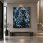 Peinture à l'huile de portraits et de figures pop représentant une figure ou un portrait expressif rendu avec des détails picturaux dans une palette bleue.