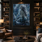 Peinture à l'huile de portraits et de figures pop représentant une figure ou un portrait expressif rendu avec des détails picturaux dans une palette bleue.