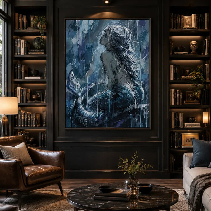Peinture à l'huile de portraits et de figures pop représentant une figure ou un portrait expressif rendu avec des détails picturaux dans une palette bleue.