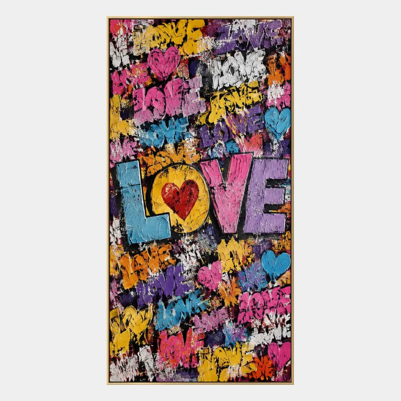 Peinture à l'huile Pop Love représentant un sujet romantique exprimé à travers la forme et la couleur picturales.