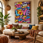 Peinture à l'huile Pop Love représentant un sujet romantique exprimé à travers la forme et la couleur picturales.