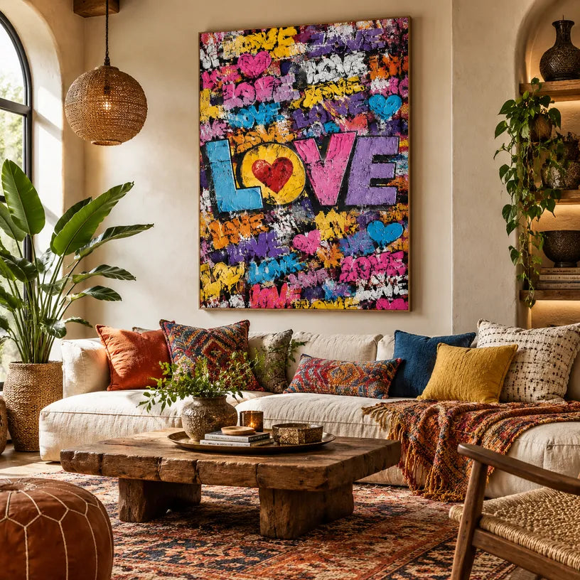 Peinture à l'huile Pop Love représentant un sujet romantique exprimé à travers la forme et la couleur picturales.