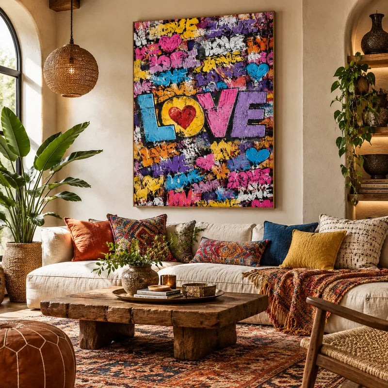 Peinture à l'huile Pop Love représentant un sujet romantique exprimé à travers la forme et la couleur picturales.