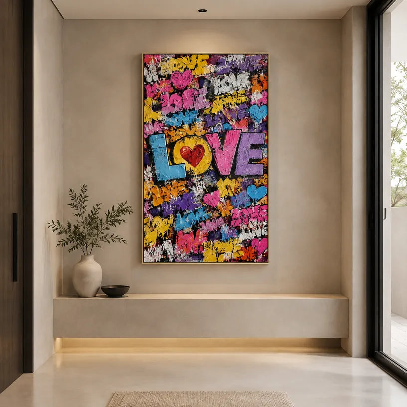 Pintura al óleo de amor pop que presenta un tema romántico expresado a través de formas y colores pictóricos.