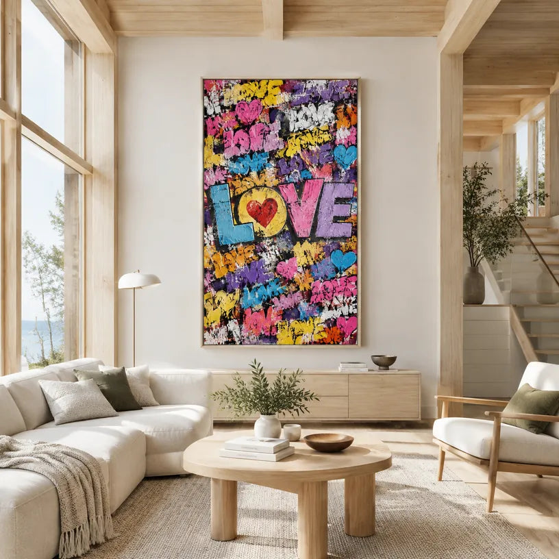 Peinture à l'huile Pop Love représentant un sujet romantique exprimé à travers la forme et la couleur picturales.