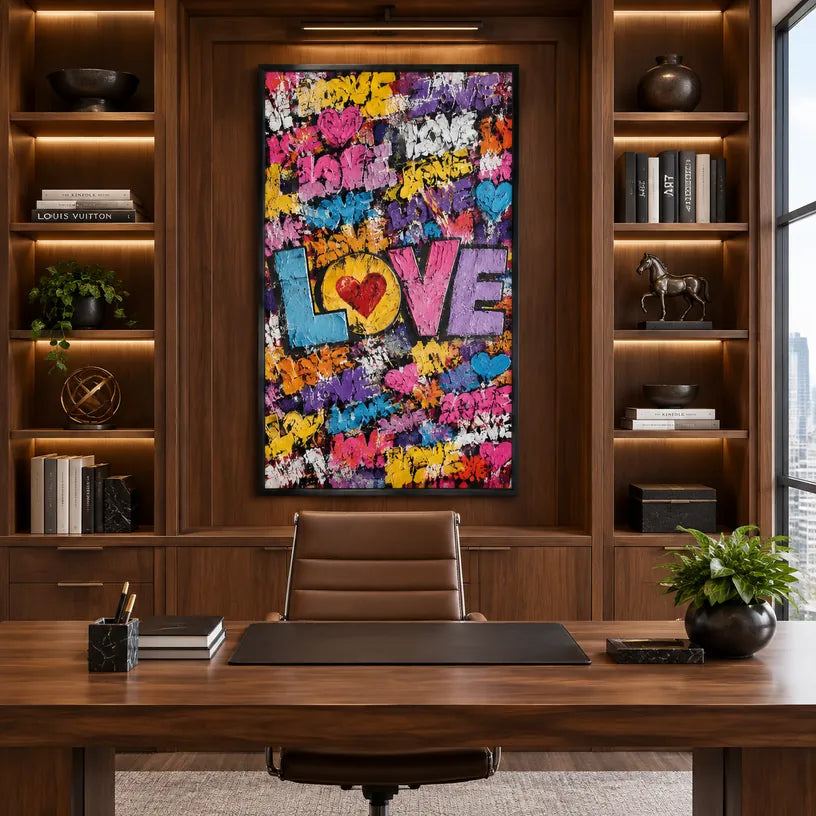Peinture à l'huile Pop Love représentant un sujet romantique exprimé à travers la forme et la couleur picturales.