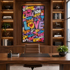 Peinture à l'huile Pop Love représentant un sujet romantique exprimé à travers la forme et la couleur picturales.