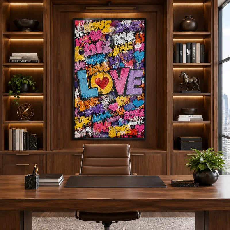 Peinture à l'huile Pop Love représentant un sujet romantique exprimé à travers la forme et la couleur picturales.
