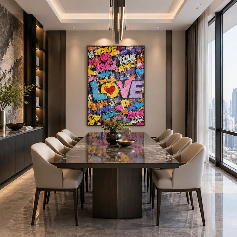 Peinture à l'huile Pop Love représentant un sujet romantique exprimé à travers la forme et la couleur picturales.