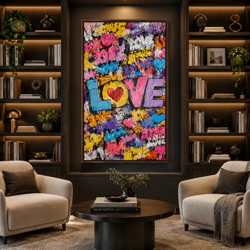 Peinture à l'huile Pop Love représentant un sujet romantique exprimé à travers la forme et la couleur picturales.