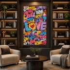 Peinture à l'huile Pop Love représentant un sujet romantique exprimé à travers la forme et la couleur picturales.