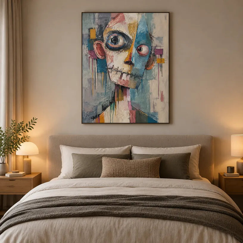Peinture à l'huile de portraits et de figures pop représentant une figure ou un portrait expressif rendu avec des détails picturaux.
