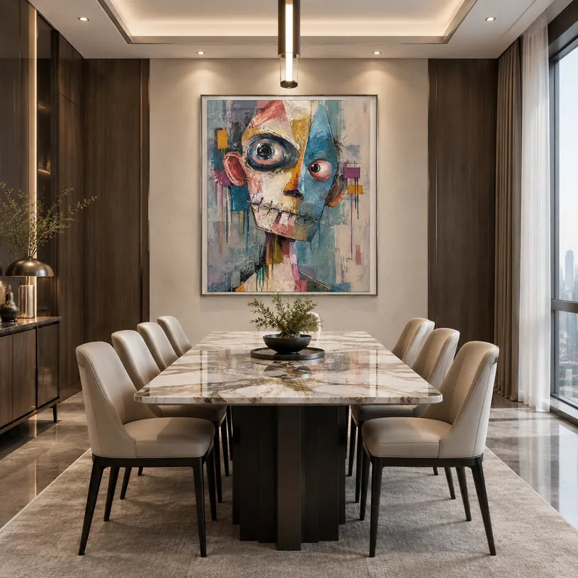 Peinture à l'huile de portraits et de figures pop représentant une figure ou un portrait expressif rendu avec des détails picturaux.