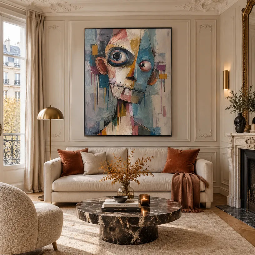 Peinture à l'huile de portraits et de figures pop représentant une figure ou un portrait expressif rendu avec des détails picturaux.