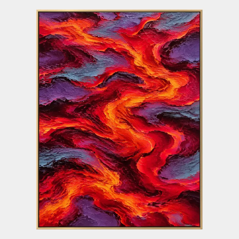 Pittura a olio pop astratta e concettuale con segni astratti stratificati, consistenza e movimento pittorico espressivo in una tavolozza rossa.